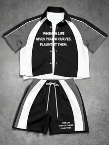 Manfinity EMRG Men's Letter Print Short Sleeve Shirt And Shorts Casual Daily Outfit - Multicolor - View 1