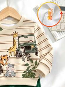 Baby Boys' Round-Neck Cute And Comfortable Cartoon Print Fleece Sweatshirt, Suitable For Autumn/Winter Seasons, Festivals, And Gift-Giving. - Black - View 3