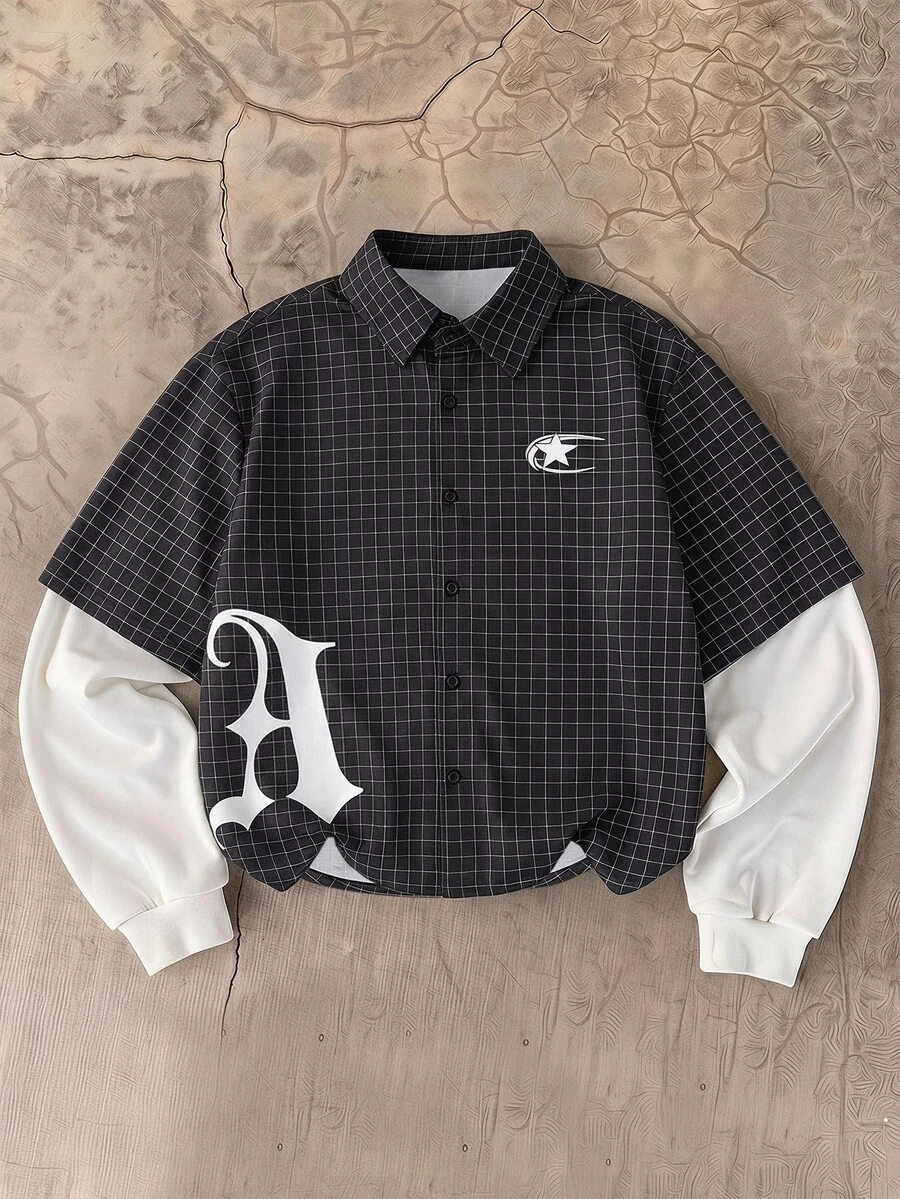 SWAVVY Men's Plaid Print 2 In 1 Shirt - Black - View 1
