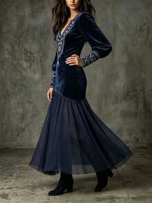 LUMIGAL Women's Elegant Velvet Printed Patchwork Dress - Navy Blue - View 3