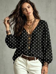 SHEIN Women's Autumn/Winter New Hot-Selling Polka Dot Print Pattern Casual Versatile C-Neck Blouse - Multicolor - View 4