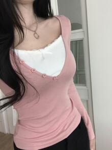 DAZY Patchwork Contrast Color 2 In 1 Slim Fit Long Sleeve Casual Vacation Korean Style Girl Spring Autumn Top Women T-Shirt - Pink - View 7