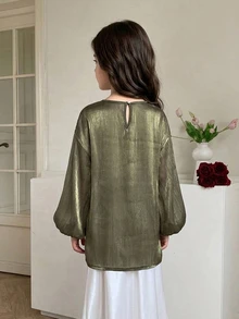 Dazy Kids Tween Girl Fashion Ruched Waist Long Sleeve Blouse - Army Green - View 3