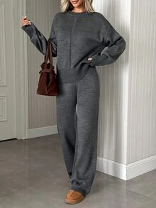 SHEIN Asymmetric Hem Rib Knit Sweater & Wide Leg Pants Two Pieces Knit Lounge Set - Grey - View 4