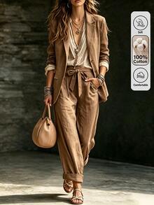 LUMIGAL Women's Autumn New Casual Commute Basic Blazer And Pants Set - Brown - View 1