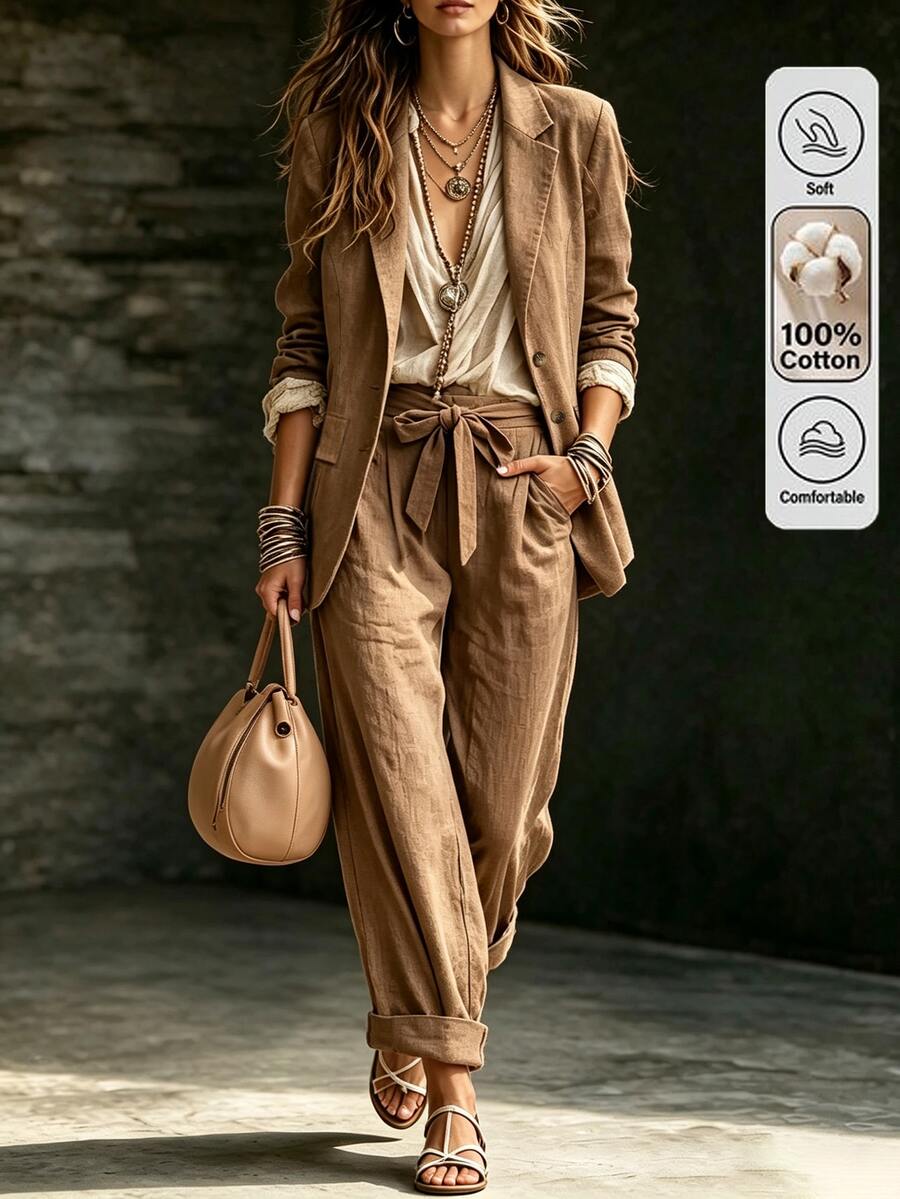 LUMIGAL Women's Autumn New Casual Commute Basic Blazer And Pants Set - Brown - View 1