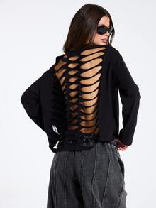 MUSERA Black Cut Out Shredded Back Detail Long Sleeve Top Fall Winter Women Outfit Casual - Black - View 4