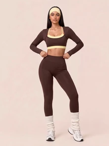 SHEIN BAE Women's Asymmetric Square Neck Colorblock Patchwork Cropped Casual Sports Long Sleeve T-Shirt - Coffee Brown - View 5