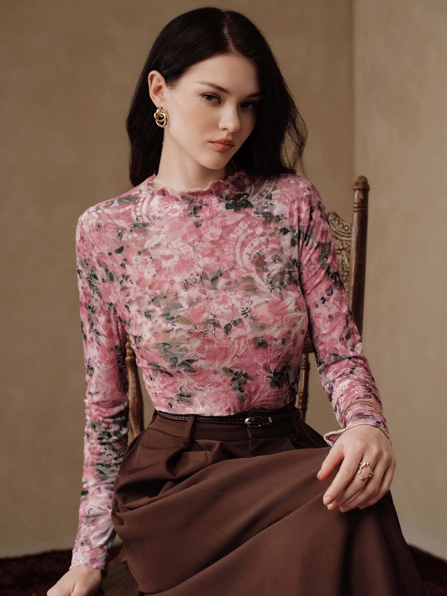 Anewsta Pink Floral Ruffle Collar Mesh Fitted Long Sleeve Soft Style Versatile Layering Women's Top T-Shirt - Pink - View 1