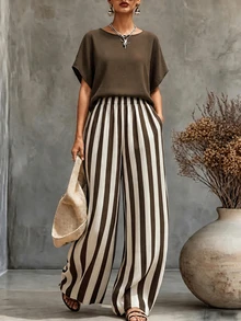 SHEIN Holidaya Women Solid Batwing Short Sleeve Top & Vertical Stripe Wide Leg Pants Set, Casual Loose Fit Two Pieces Outfit For Summer - Brown - View 4