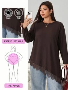 Solflare Plus Size Women's Lace Patchwork Casual Daily Long Sleeve T-Shirt - Brown - View 1