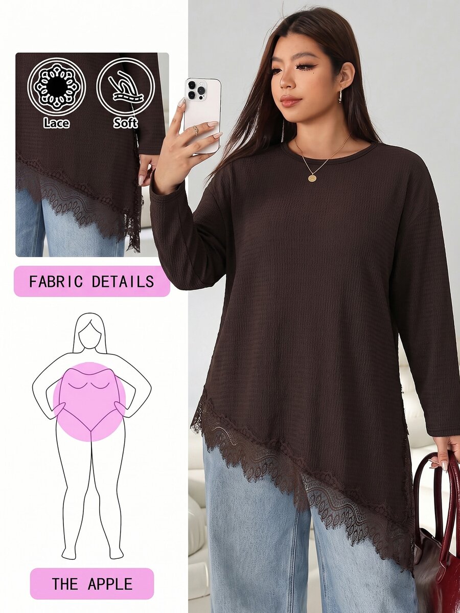 Solflare Plus Size Women's Lace Patchwork Casual Daily Long Sleeve T-Shirt - Brown - View 1