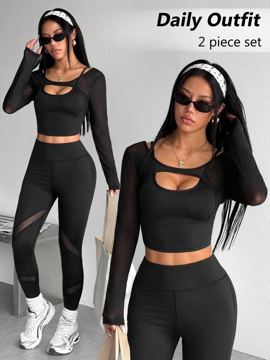 SHEIN Dewbera Women's Solid Color Hollow Out Top And Leggings Casual Daily Sports Set - Black - View 1