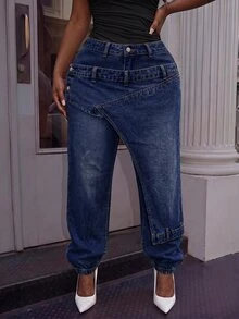 Slaydiva Jeans de diseñador con puños de botones talla grande - Azul - Ver 1