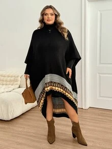 SHEIN CURVE+ فستان كنزة بياقة عالية من الجاكار بألوان متباينة مقاس كبير - متعدد الألوان - مشاهدة 6