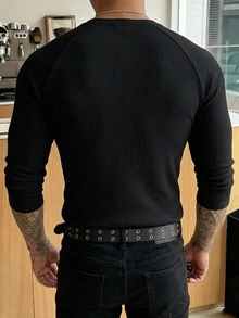 DAZY Spring/Autumn Black Slim Fit Raglan Sleeve Crew Neck Ribbed Elastic Knit Fabric Streetwear Men's T-Shirt - Black - View 3