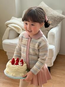 DAZY Baby Girl Striped Long Sleeve Knit Cardigan With Collar, Autumn/Winter - Grey - View 4
