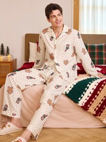 CoupledUp Men's Christmas Theme Gingerbread Man & Candy Cane Print Casual Polka Dot Loungewear Set - Multicolor - View 1
