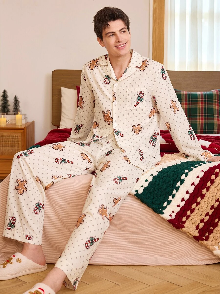 CoupledUp Men's Christmas Theme Gingerbread Man & Candy Cane Print Casual Polka Dot Loungewear Set - Multicolor - View 1
