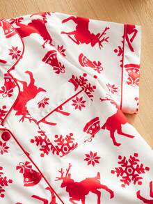 CoupledUp Set Piyama Wanita Motif Natal Rusa Merah & Putih dan Kepingan Salju dengan Kerah Lapel Sutra Imitasi - Merah - View 6