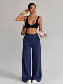Easithlete Women's Solid Color Minimalist Loose Straight Leg Sports Pants Equestrian - Blue - View 4