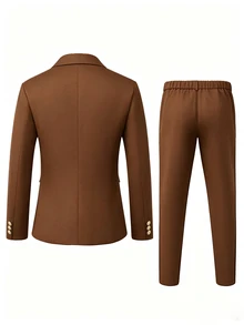 Calvornis Men's Black Double-Breasted Peak Lapel Woven Twill Suit Set - Brown - View 2