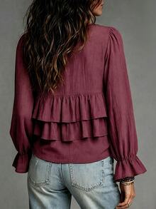 LUMIGAL Vintage Casual Relaxed Brown Multi-Layer Ruffle Hem Patchwork V-Neck Loose Long Sleeve Shirt - Burgundy - View 2