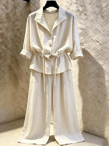 SHEIN Franclia New Women's Loose Casual Slimming Drawstring Long Sleeve Shirt And Casual Pants 2 Pieces Set - Apricot - View 6