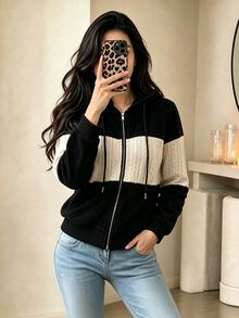 Yalmera Women's Autumn/Winter New Casual Basic Textured Fabric Colorblock Hooded Jacket - Black - View 3