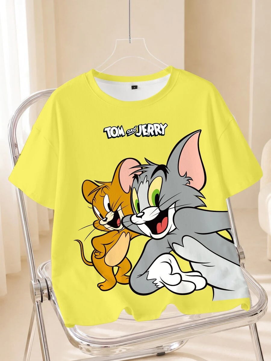 TOM & JERRY X SHEIN 女款卡通印花寬鬆圓領短袖套頭T恤,適合日常穿著 - 白色 - 查看 1