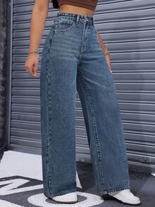 SHEIN PETITE Women's Minimalist Casual Zip-Fly Loose Straight Leg Denim Jeans,Fall/Winter,New Year Outfit ,Petite Women - Dark Wash - View 3