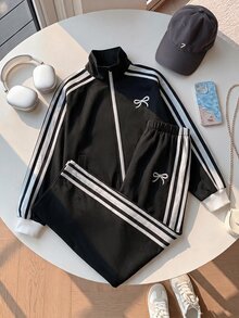 SHEIN 兒童青少年女孩休閒新款秋冬時尚海軍藍蝴蝶結印花拼接白色條紋長袖拉鍊外套與長褲2件套，返校季秋冬服飾開襟外套套裝 - 黑色 - 查看 4