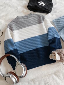 SHEIN Genkimix Kids 男童休閒運動學院風運動衫，適合日常穿著、上學、旅行與運動，為男孩提供多種搭配選擇。整體拼接設計簡約優雅，穿著舒適時尚。男孩穿上這件運動衫會感到舒適，展現休閒時尚形象，將成為男孩的最愛 - 藍色 - 查看 2