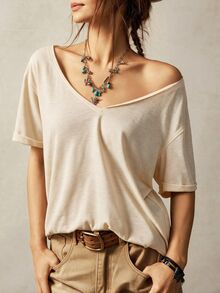 Bohemela Casual Solid Color Knit V-Neck Short Sleeve Loose Fit Women's T-Shirt - Apricot - View 1