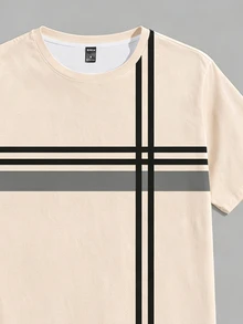 Azurnel Men's Striped Contrast Color Crew Neck Short Sleeve T-Shirt, Casual - Apricot - View 3