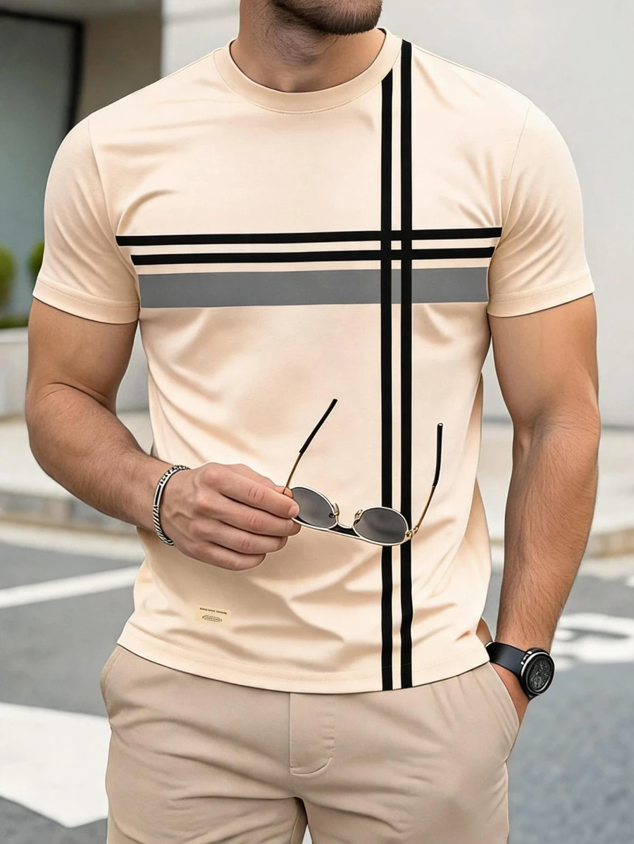 Azurnel Men's Striped Contrast Color Crew Neck Short Sleeve T-Shirt, Casual - Apricot - View 1
