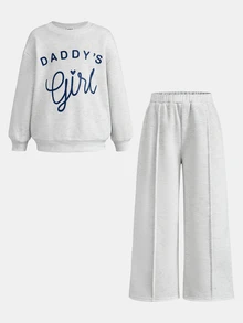 Young Girl Kids Casual Simple Light Gray Autumn/Winter English Letter Print Sweatshirt & Sweatpants 2 Pieces Set, Fall,Fall Clothes,Long Sleeve Tops - Light Grey - View 5