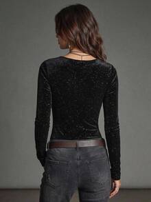 Solivie Women's Autumn Velvet Shiny Black Top, Party Outfit - Black - View 2