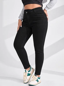 Flexra Plus Size Women's Fashion Casual Asymmetrical Waist Denim Skinny Jeans - Black - View 4