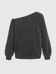 SHEIN 青少年女孩秋冬休閒街頭時尚不對稱領飾孔裝飾套頭雪花衛衣，青春時尚穿搭，適合返校、秋冬出遊、日常穿著、Y2K、萬聖節、暗黑風格 - 黑色 - 查看 4