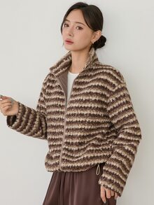 Dazy-Less Jaket Wanita Regular Bergaris Warna Blok dengan Resleting dan Kerah Tegak, Cocok untuk Musim Gugur/Dingin - Coffee Brown - View 6