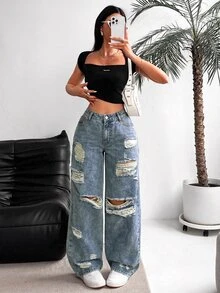 SHEIN Tall Women's Loose Distressed Denim Jeans - Blue - View 5