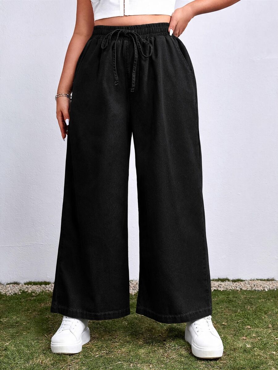 SHEIN EZwear 大尺碼女款純色抽繩腰休閒日常牛仔褲 - 黑色 - 查看 1