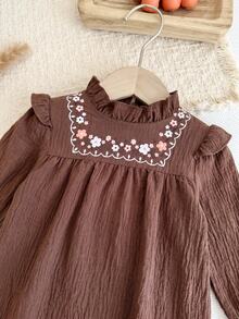 Baby Girl Ruffle Collar Floral Print Long Sleeve Casual Sweet Dress - Coffee Brown - View 3