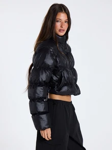 MUSERA Jaket Puffer Hitam Oversized Pendek untuk Wanita, Pakaian Kasual Musim Gugur dan Musim Dingin - Hitam - View 2