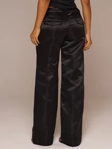 MUSERA ESSENTIALS Black Satin Low Rise Straight Leg Pants Autumn Winter Night Out Day To Eve - Black - View 4
