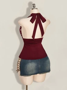 SHEIN ICON 萬聖節女款掛脖露背黑色娃娃裝背心 - 酒紅色 - 查看 12