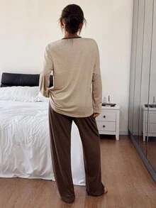 DAZY Cute Rabbit Pattern Loose Long Sleeve T-Shirt & Straight Leg Long Pajama Pants 2pcs Set Women's Loungewear - Brown - View 2