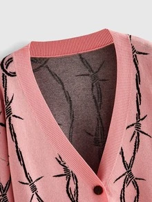 ROMWE Dark Gothic Halloween Thorn Jacquard Loose Open Front Cardigan - Pink - View 3