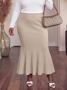 Slaydiva Autumn/Winter Elegant Commute Date Gentle Versatile Ribbed Gradient Mermaid Tail Slim Fit Plus Size Knit Skirt - Khaki - Khaki - View 3